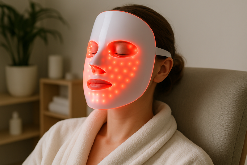 red light therapy mask being used by a woman